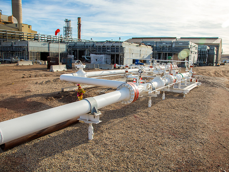 New CO2 piping associated with the CO2 sequestration project that houses the control and measuring devices at the outlet of the compressor station before it goes underground and eventually to the well sites.